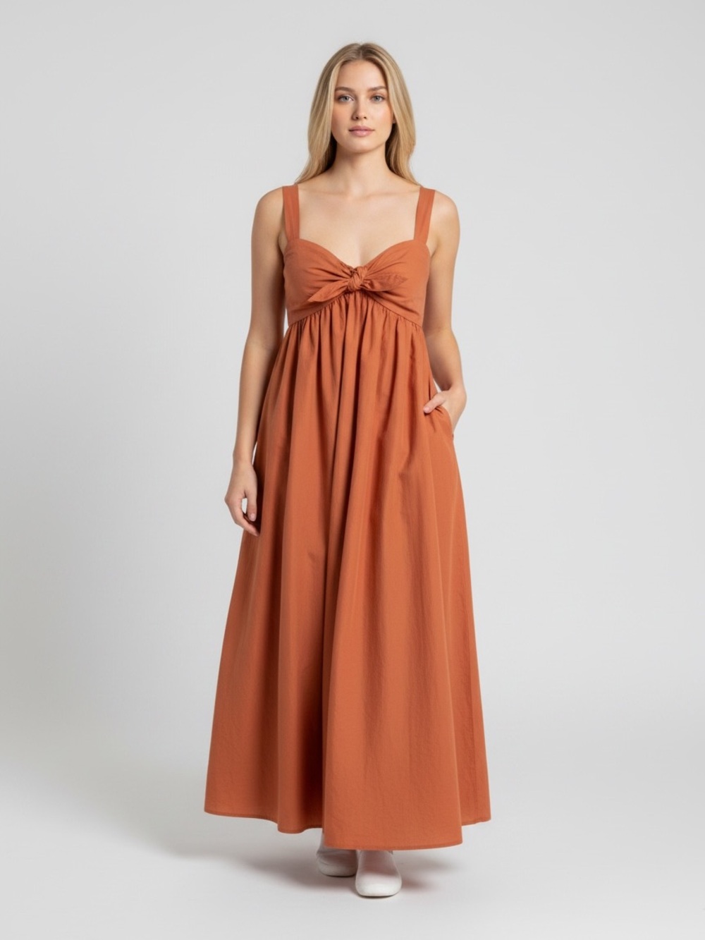 Olivaceous Rust Orange Tie-Front Maxi Dress